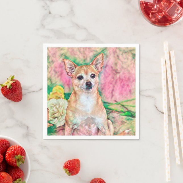 Cute Chihuahua Pink Green Art Dog Portrait Napkin (Insitu)