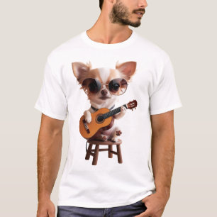 cute chihuahua playing classical guitar cartoon fu T-Shirt