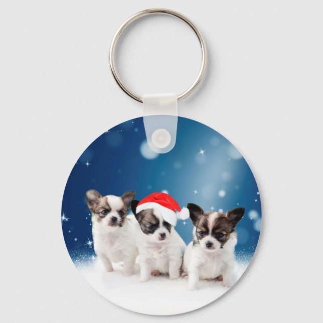 Cute Chihuahua Puppies with Santa Hat Christmas Key Ring (Front)