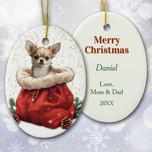 Cute Chihuahua Puppy Dog Christmas Gift Bag Ceramic Tree Decoration (Creator Uploaded)