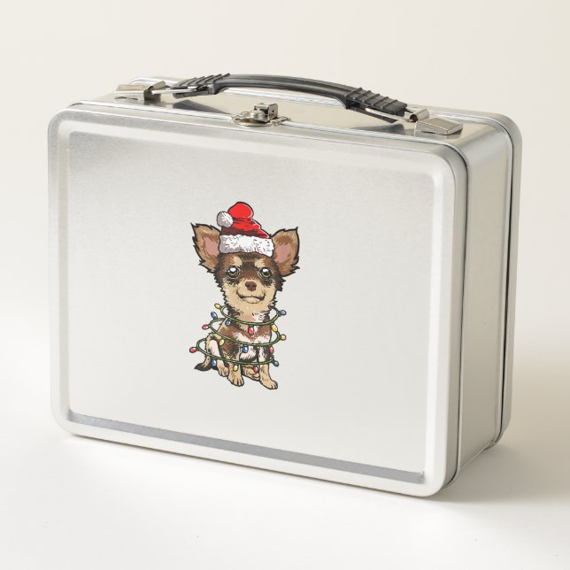 Cute Chihuahua Santa Christmas Tree Lights Xmas Do Metal Lunch Box (Front)