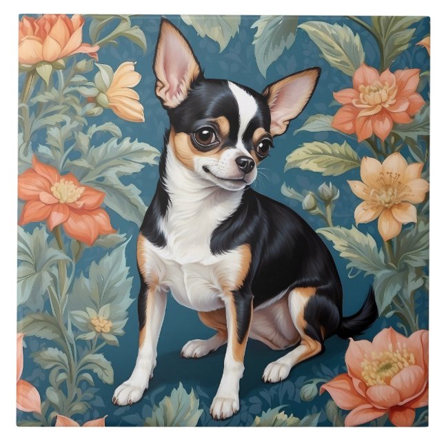 Cute Chihuahua William Morris Inspired Floral Tile (Front)