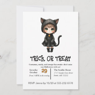 Cute Child Cat On Halloween In Costume Invitation