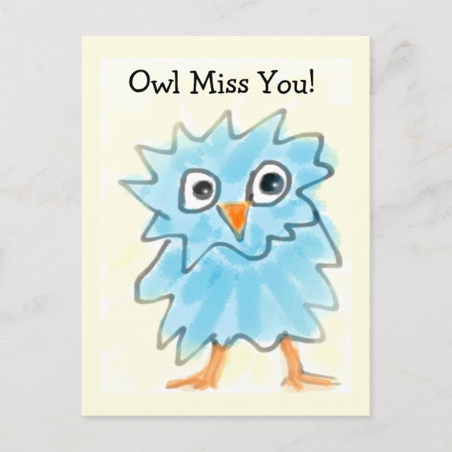 Cute Childish Blue Watercolor Owl Missing You Postcard (Front)