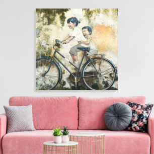 Cute Children Laughing on Bicycle Canvas Print