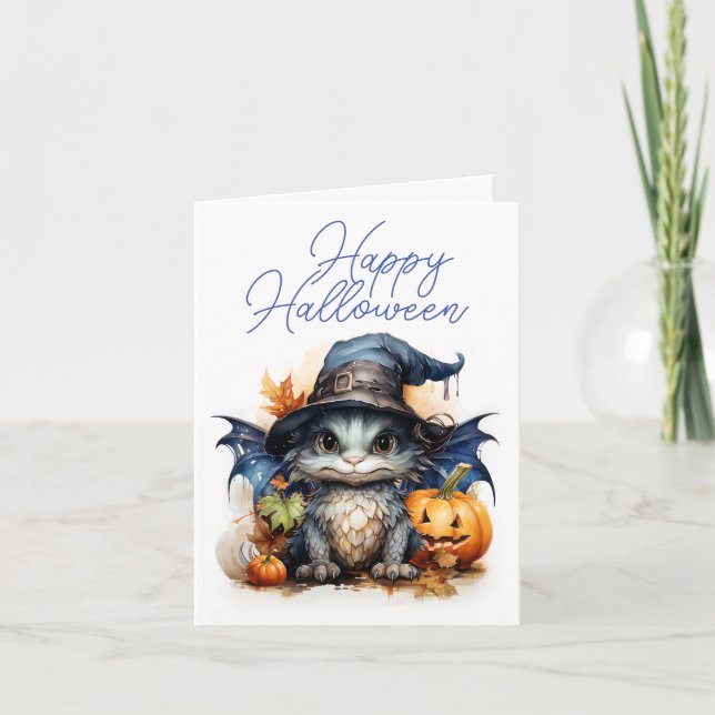 Cute Children's Watercolor Baby Dragon Halloween Card (Front)