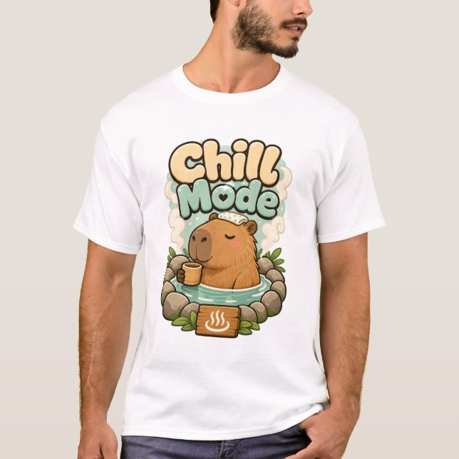 Cute Chill Mode Capybara Hot Spring Illustration T-Shirt (Front)