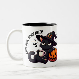 Cute chill Witch Cat & Pumpkin Halloween Two-Tone Coffee Mug