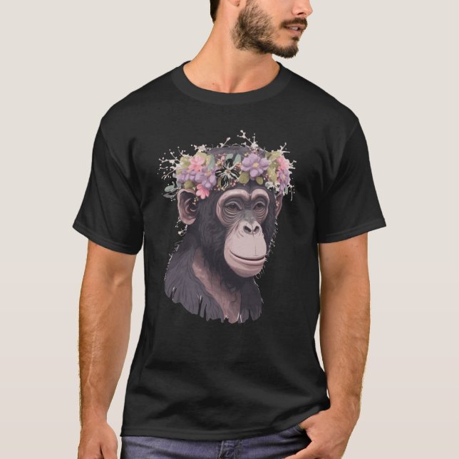 Cute Chimp Chimpanzee Flower Crown Floral Ape Monk T-Shirt (Front)