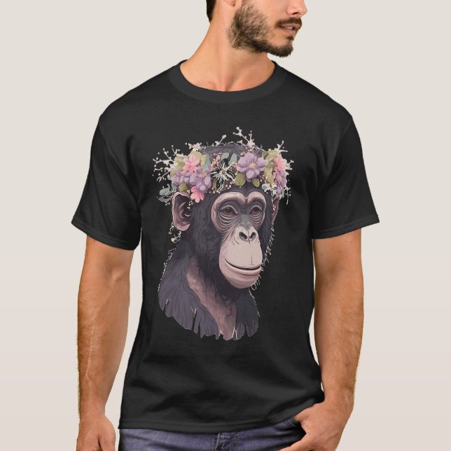Cute Chimp Chimpanzee Flower Crown Floral Ape Monk T-Shirt (Front)