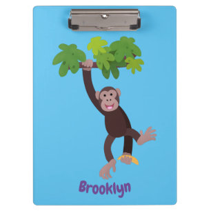 Cute chimpanzee in jungle hanging cartoon clipboard
