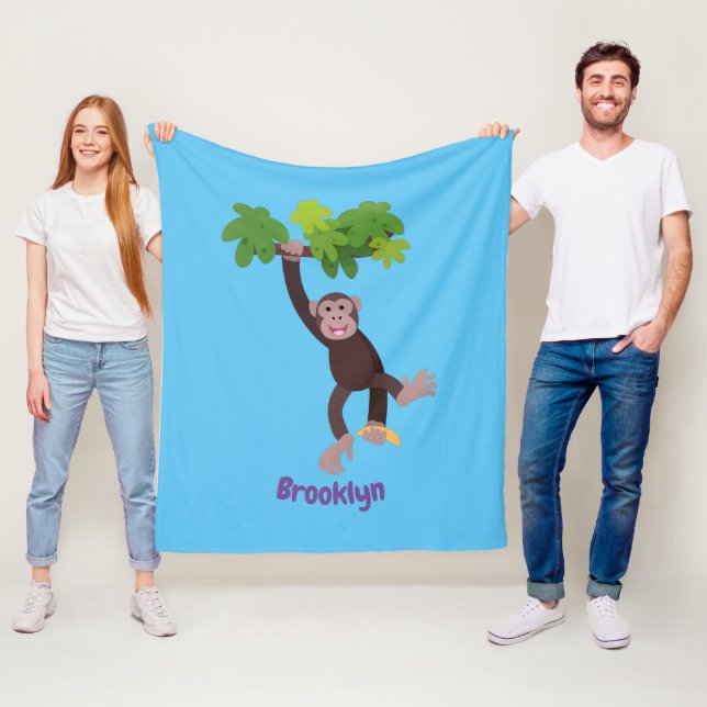 Cute chimpanzee in jungle hanging cartoon fleece blanket (In Situ)