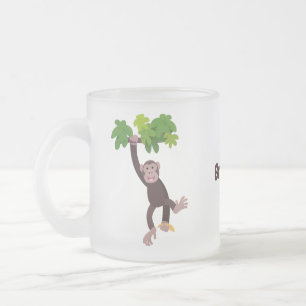 Cute chimpanzee in jungle hanging cartoon frosted glass coffee mug