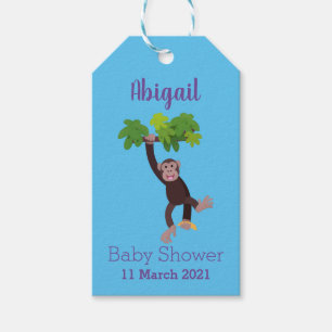 Cute chimpanzee in jungle hanging cartoon gift tags