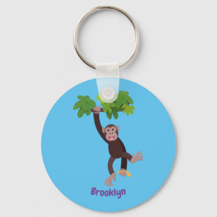Cute chimpanzee in jungle hanging cartoon key ring