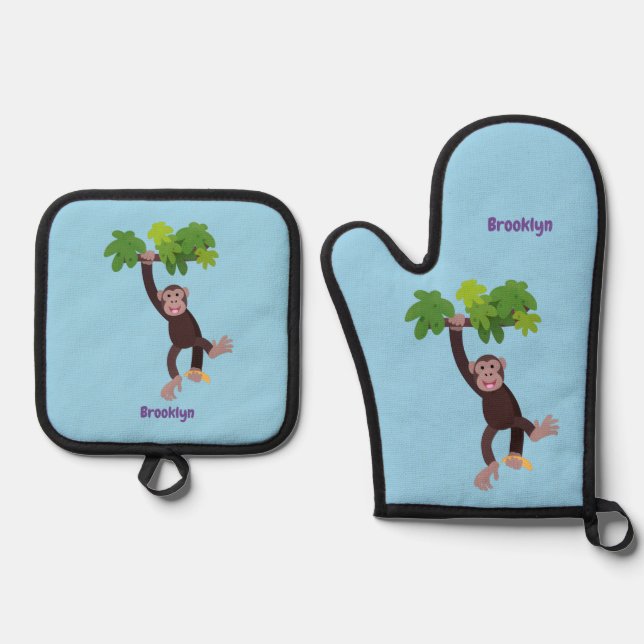 Cute chimpanzee in jungle hanging cartoon oven mitt & pot holder set (Front)
