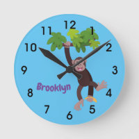 Cute chimpanzee in jungle hanging cartoon round cl
