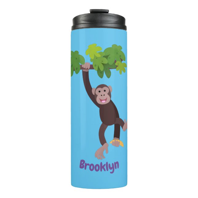 Cute chimpanzee in jungle hanging cartoon thermal tumbler (Front)