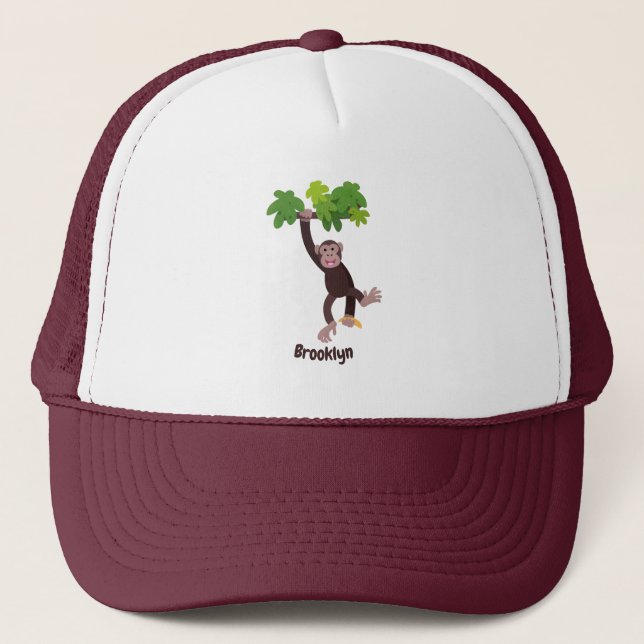Cute chimpanzee in jungle hanging cartoon trucker hat (Front)