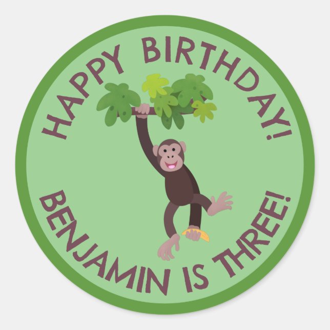 Cute chimpanzee in jungle personalised birthday classic round sticker (Front)