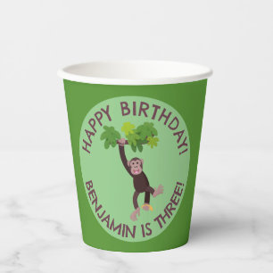 Cute chimpanzee in jungle personalised birthday paper cups