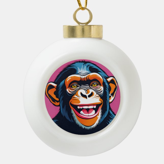 Cute Chimpanzee Laughs Ceramic Ball Christmas Ornament (Front)