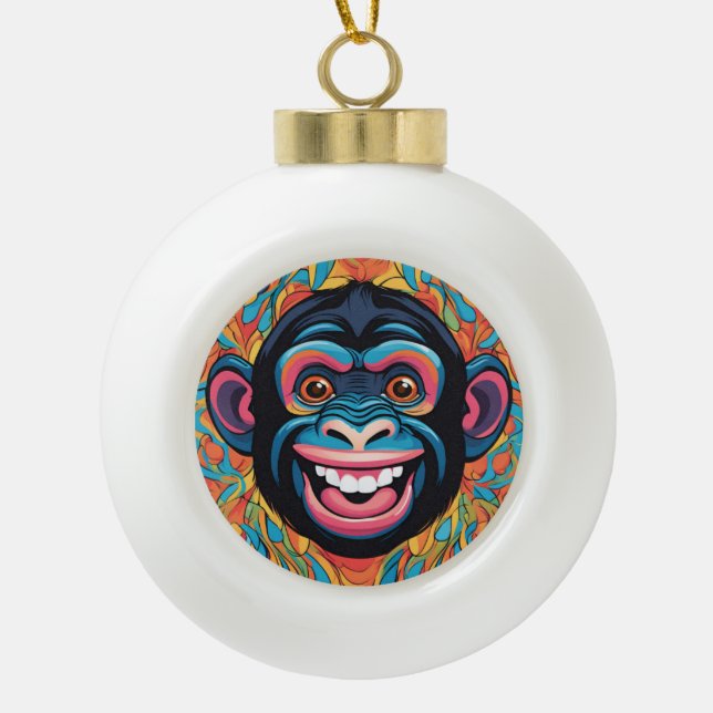 Cute Chimpanzee Laughs Ceramic Ball Christmas Ornament (Front)