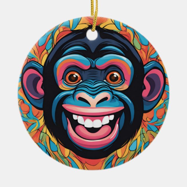 Cute Chimpanzee Laughs Ceramic Tree Decoration (Front)