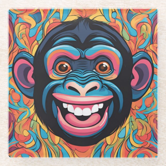 Cute Chimpanzee Laughs Glass Coaster (Front)