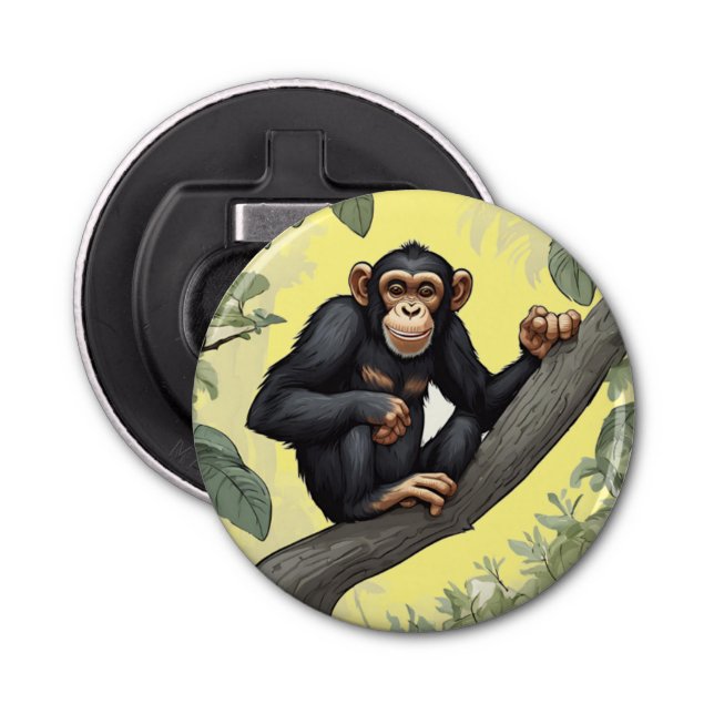 Cute chimpanzee on the branch greets bottle opener (Front)