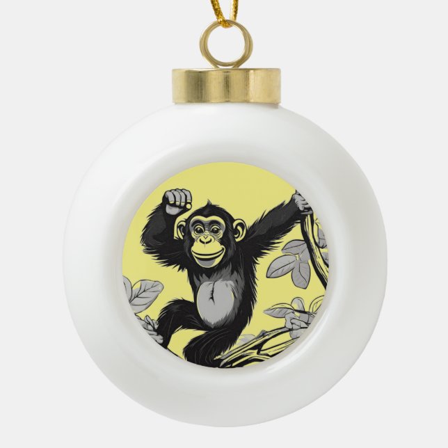 Cute chimpanzee on the branch greets ceramic ball christmas ornament (Front)