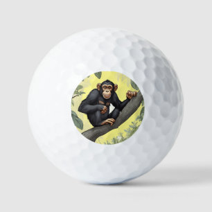 Cute chimpanzee on the branch greets golf balls