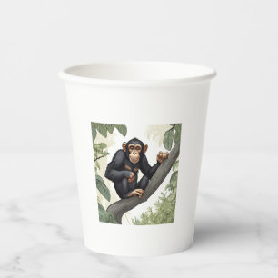 Cute chimpanzee on the branch greets paper cups