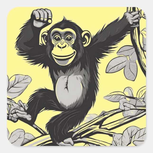 Cute chimpanzee on the branch greets square sticker (Front)