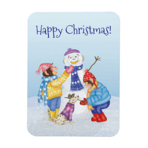 Cute chimps building a snowman magnet