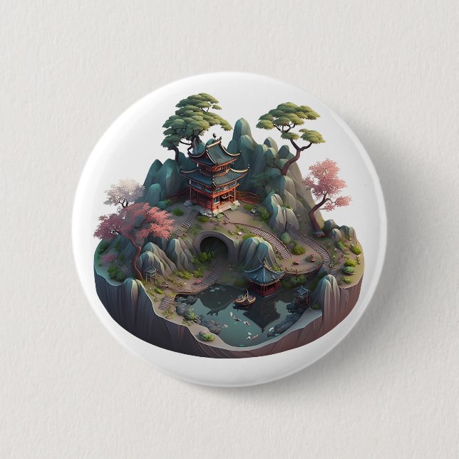Cute Chinese Fantasy 3D Landscape Round Button (Front)