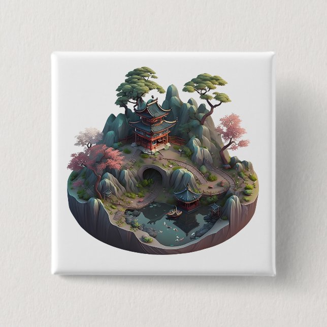 Cute Chinese Fantasy 3D Landscape Square Button (Front)