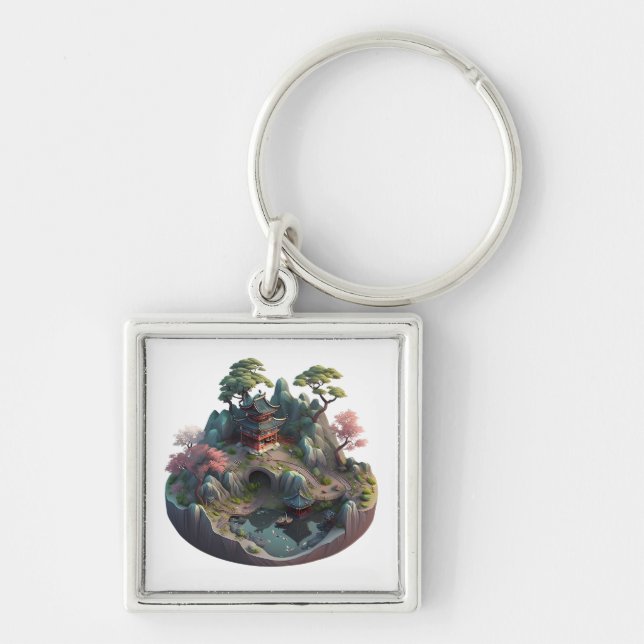 Cute Chinese Fantasy 3D Landscape Square Keychain (Front)