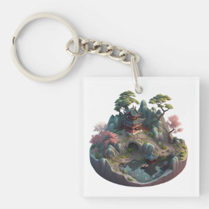 Cute Chinese Fantasy 3D Landscape Square Keychain
