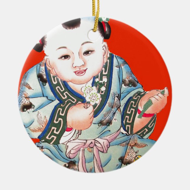 Cute Chinese Laughing Good Luck Buddha on red Ceramic Tree Decoration (Front)
