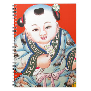 Cute Chinese Laughing Good Luck Buddha on red Spiral Notebook