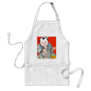 Cute Chinese Laughing Good Luck Buddha on red Standard Apron