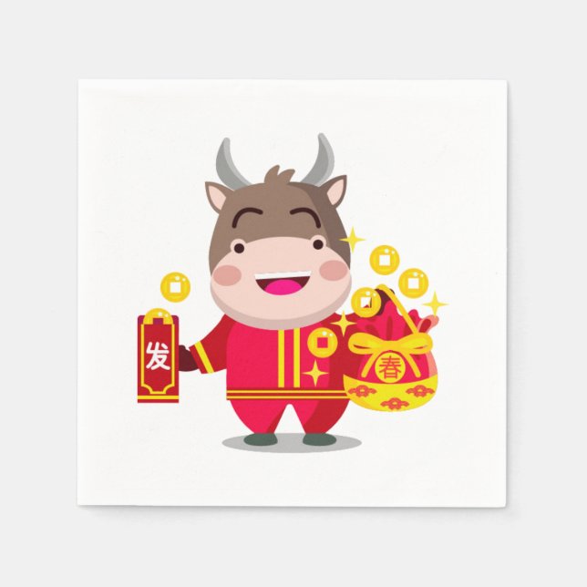 Cute Chinese New Year of the Ox gold coins Napkin (Front)