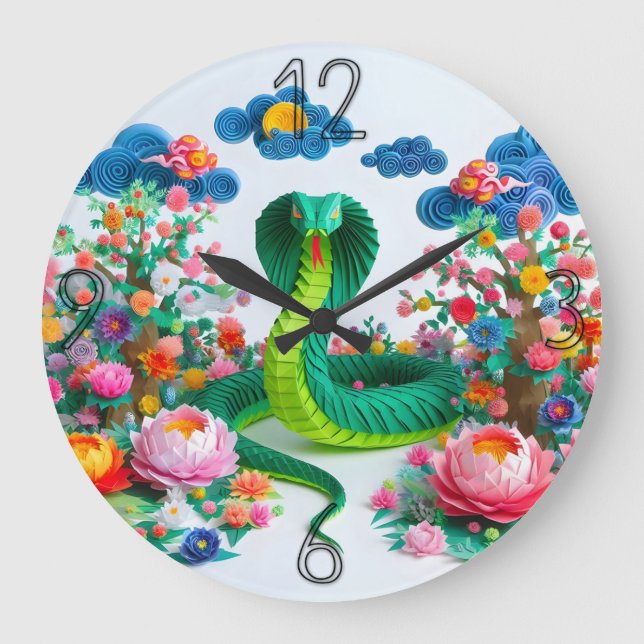 Cute Chinese New Year Snake Origami WC4 Large Clock (Front)