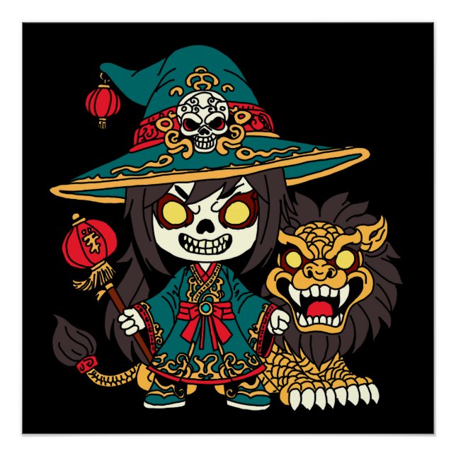 Cute Chinese New Years Witch and Lion Poster (Front)