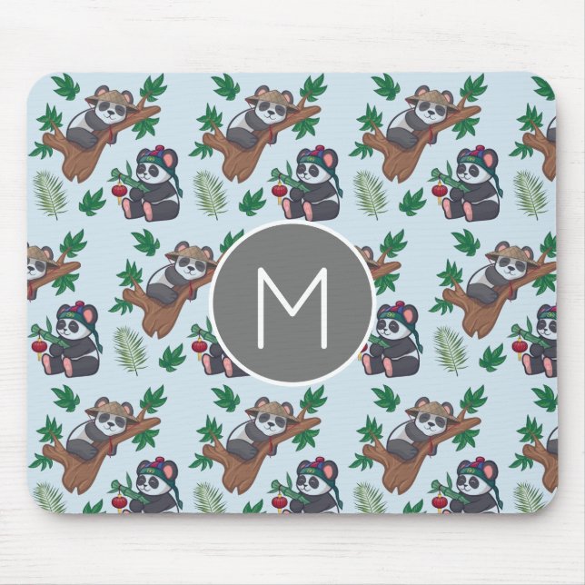 Cute Chinese Pandas Pattern Monogram Mouse Pad (Front)