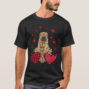 Cute Chinese Shar Pei With Leopard Red Plaid Heart T-Shirt