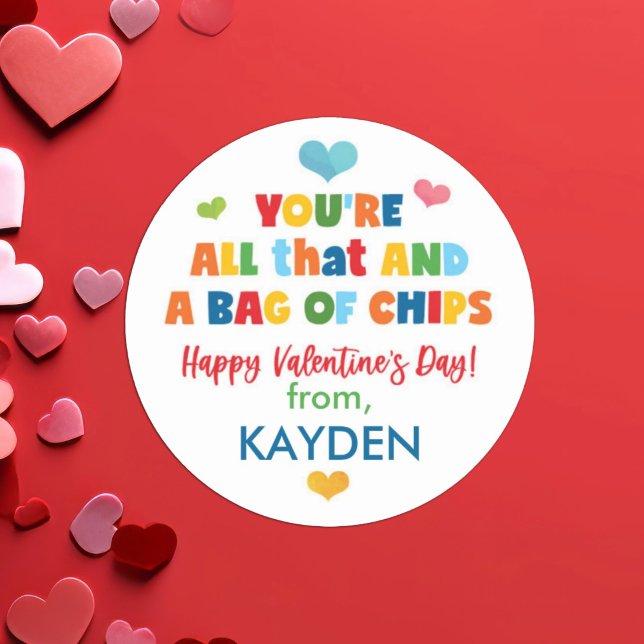 Cute Chip Bag School Valentine Day  Classic Round Sticker (Creator Uploaded)