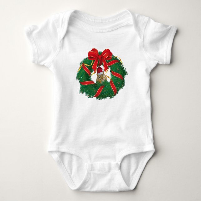 Cute Chipmunk Christmas Wreath Baby Bodysuit (Front)