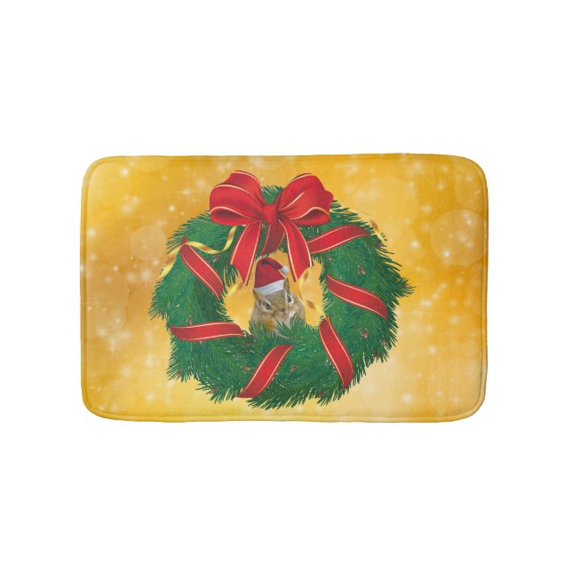 Cute Chipmunk Christmas Wreath Bath Mat (Front)